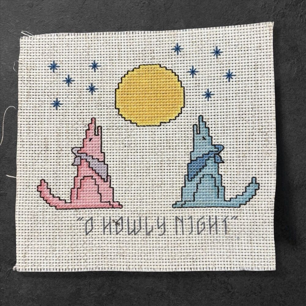 Handmade Cross Stitch Wolves Howling at Moon Finished Panel 6x6 “Oh Howly Night”